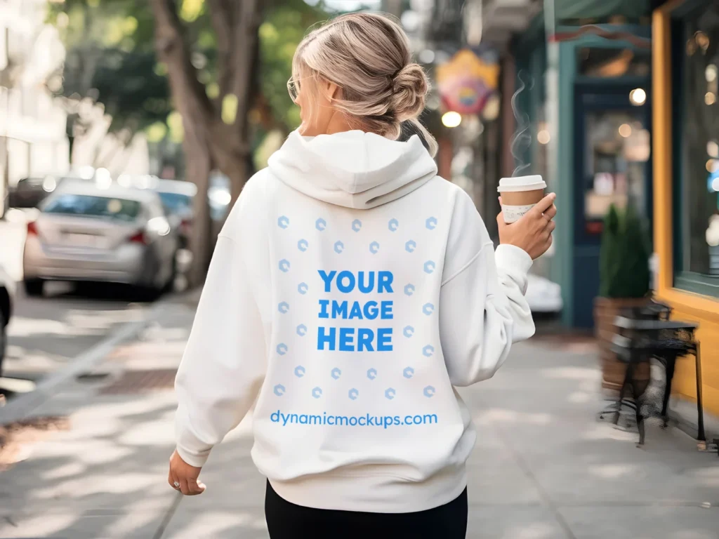 Woman Wearing White Hoodie Mockup Back View Template