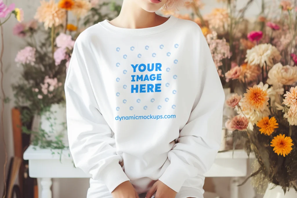 Woman Wearing White Sweatshirt Mockup Front View Template