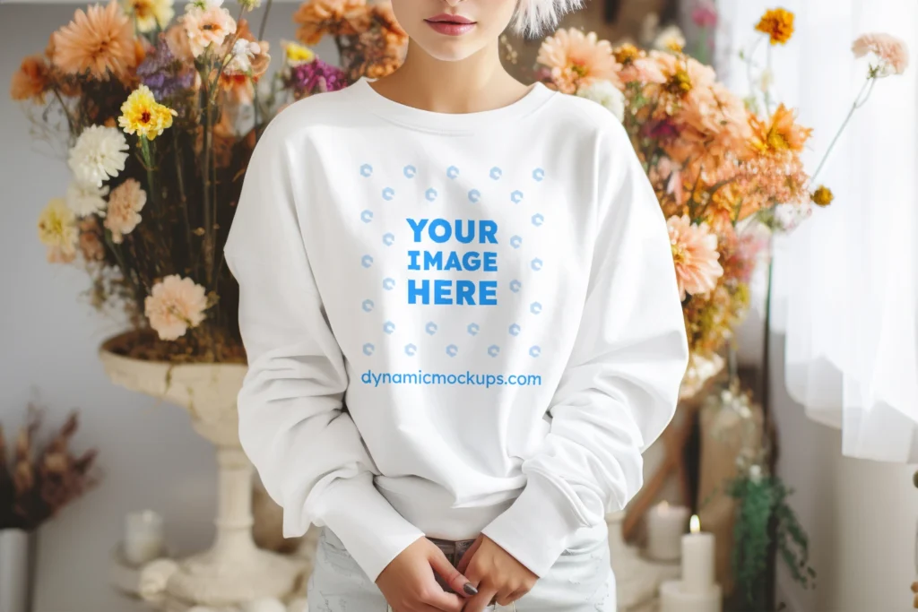 Woman Wearing White Sweatshirt Mockup Front View Template