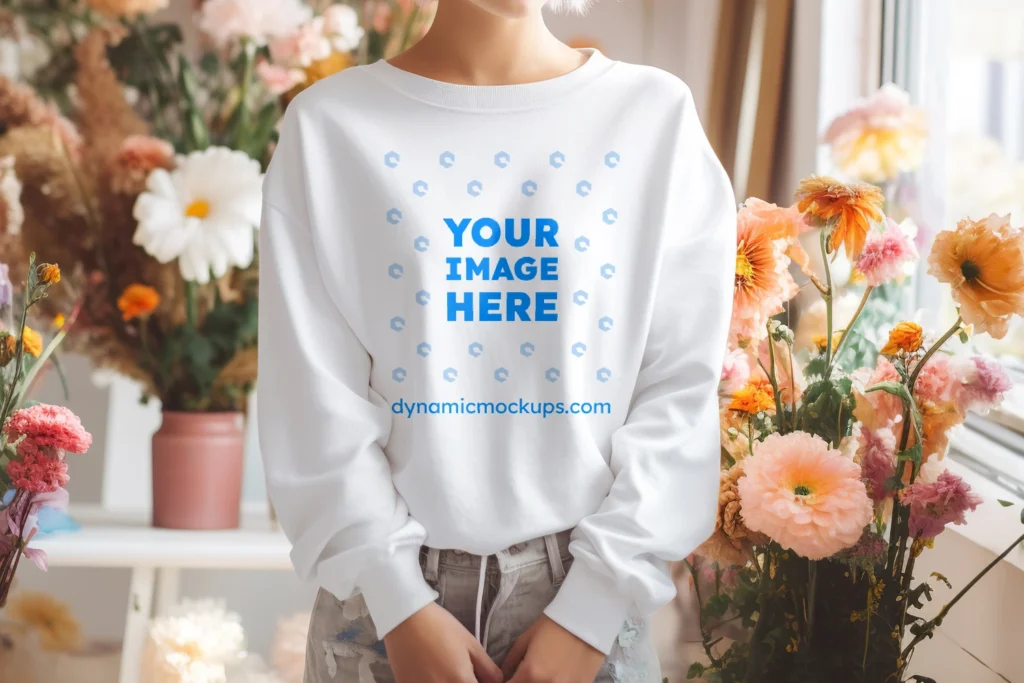 Woman Wearing White Sweatshirt Mockup Front View Template