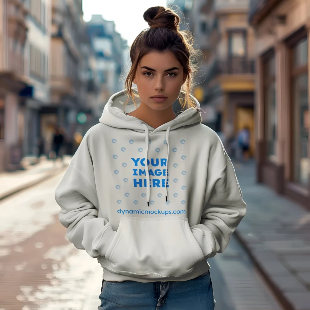 Woman Wearing White Hoodie Mockup Front View Template