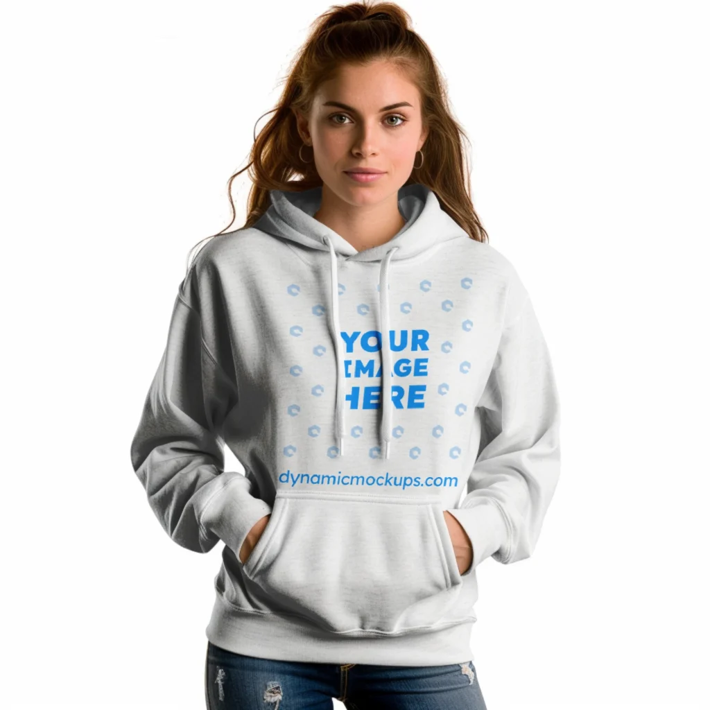 Woman Wearing White Hoodie Mockup Front View Template