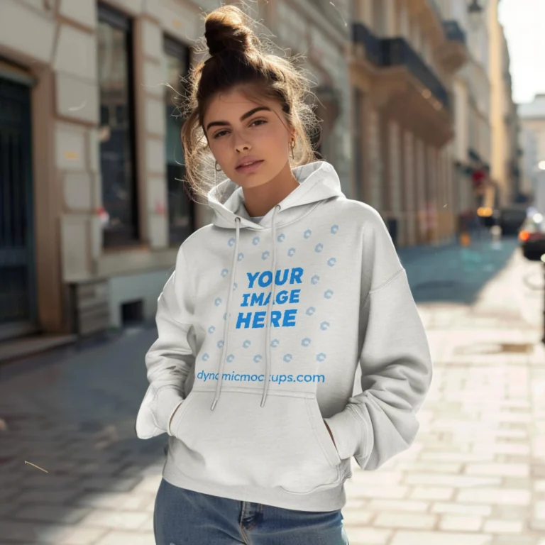 Woman Wearing White Hoodie Mockup Front View Template