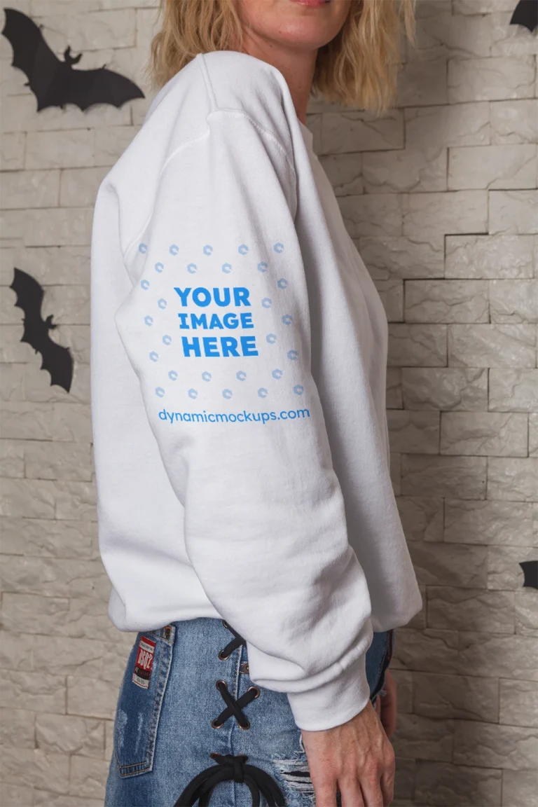 Woman Wearing White Hoodie Mockup Side View Template