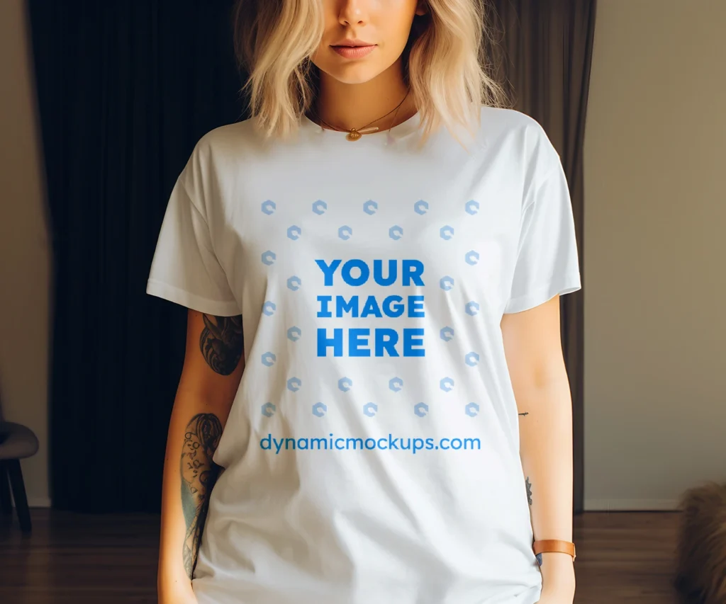 Woman Wearing White T-shirt Mockup Front View Template