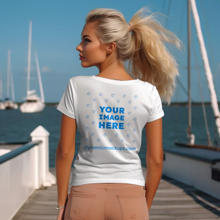 Woman Wearing White T-shirt Mockup Back View Template