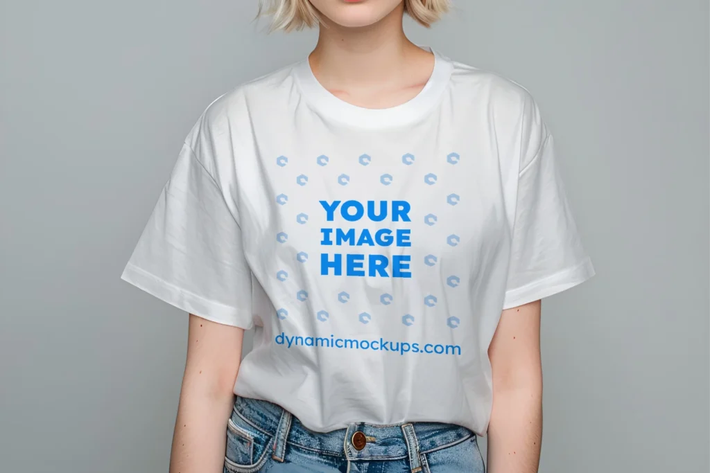 Woman Wearing White T-shirt Mockup Front View Template