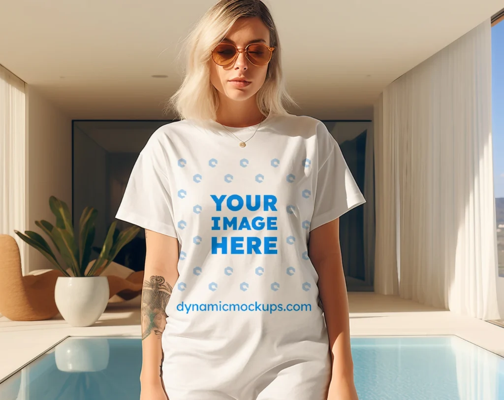 Woman Wearing White T-shirt Mockup Front View Template