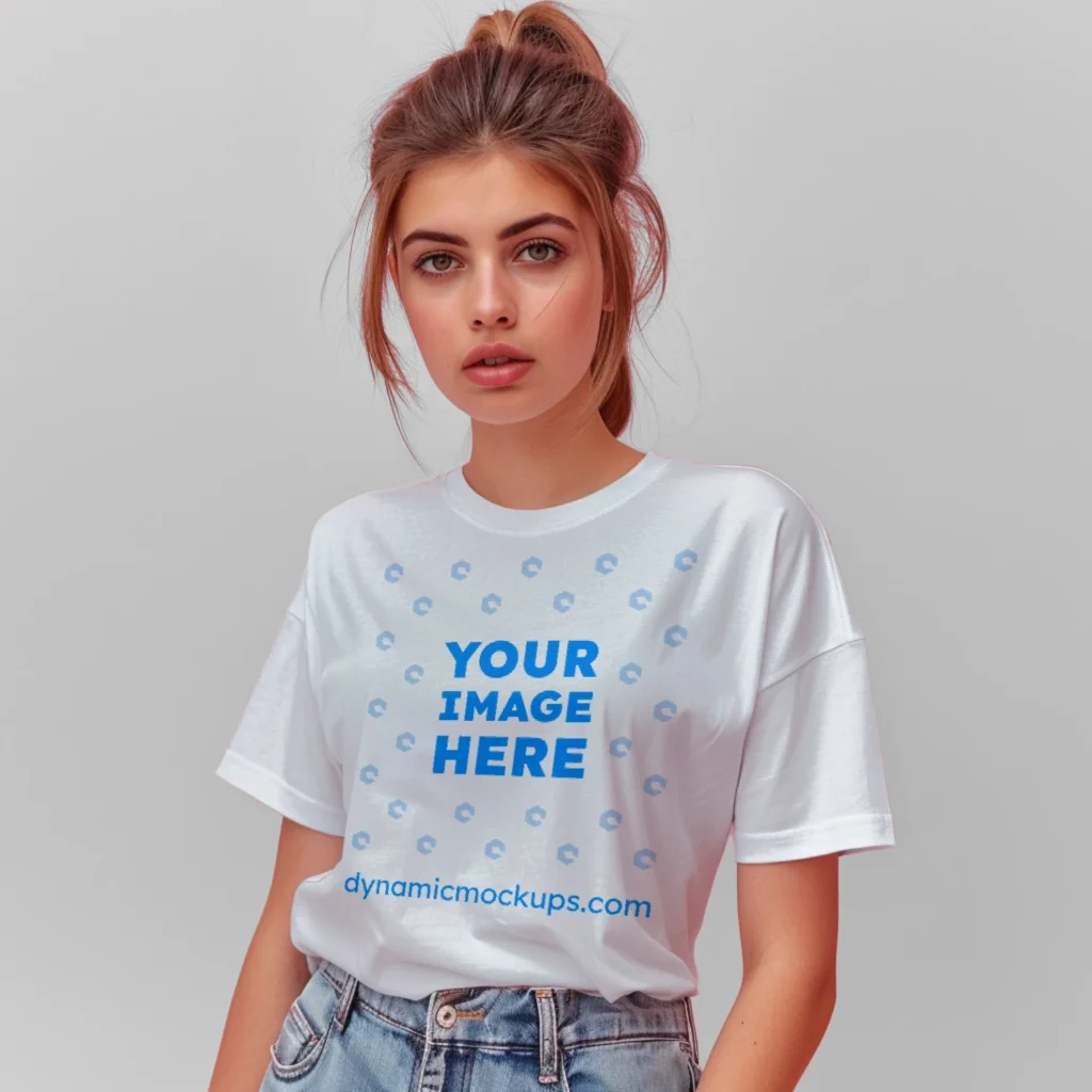 Woman Wearing White T-shirt Mockup Front View Template