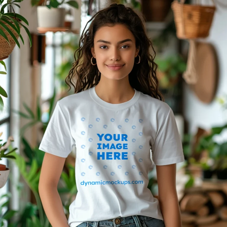 Woman Wearing White T-shirt Mockup Front View Template