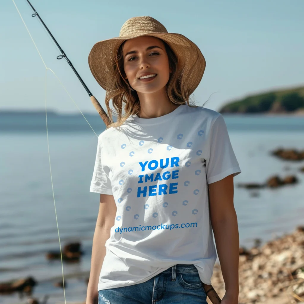 Woman Wearing White T-shirt Mockup Front View Template