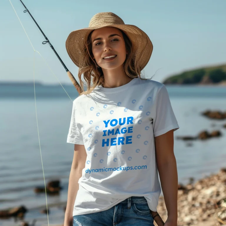 Woman Wearing White T-shirt Mockup Front View Template