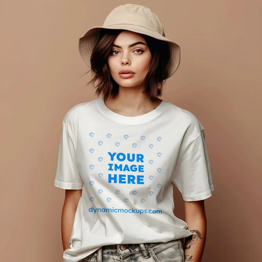 Woman Wearing White T-shirt Mockup Front View Template