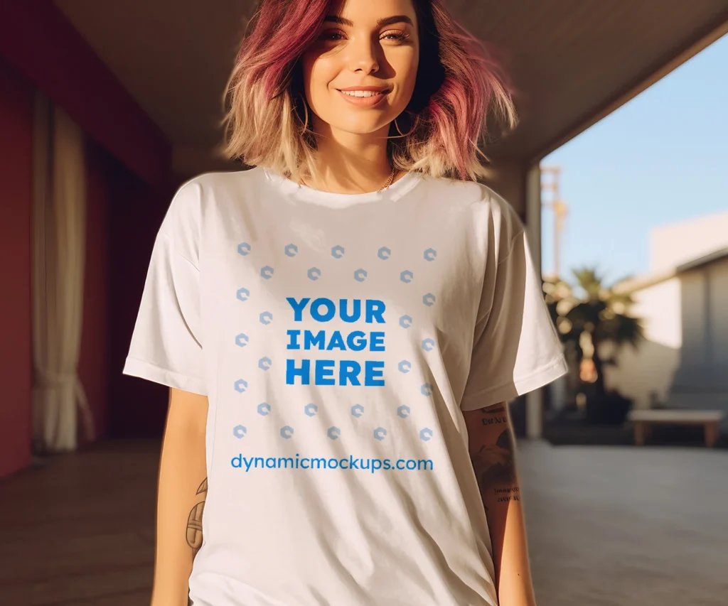 Woman Wearing White T-shirt Mockup Front View Template