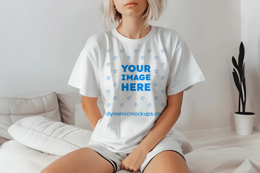 Woman Wearing White T-shirt Mockup Front View Template