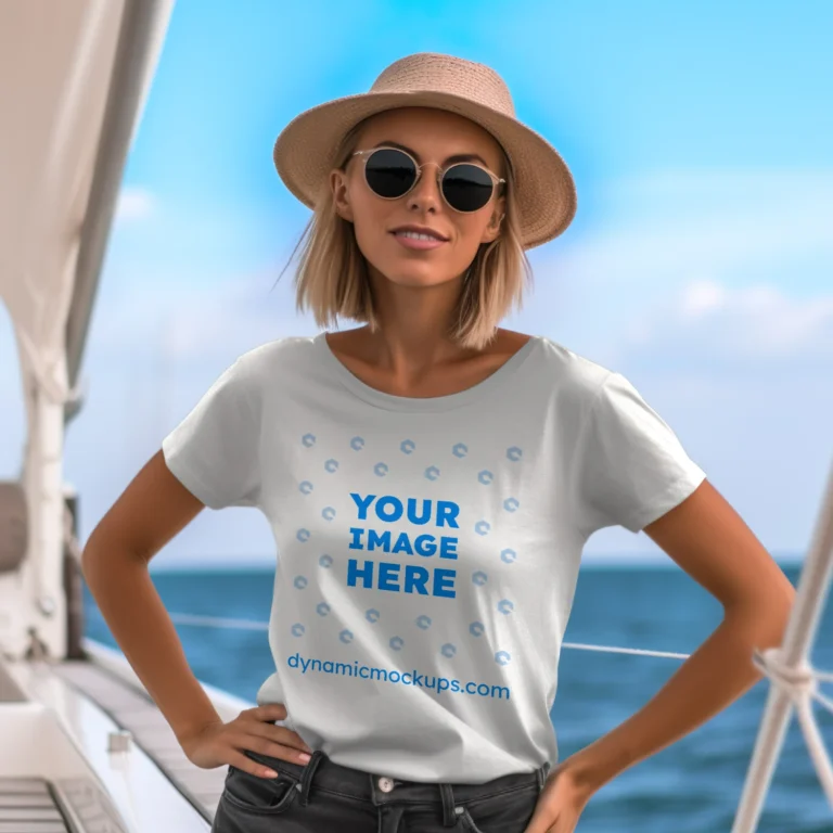 Woman Wearing White T-shirt Mockup Front View Template