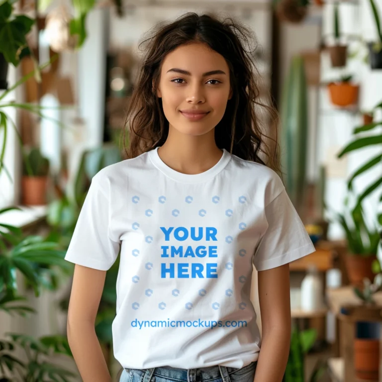 Woman Wearing White T-shirt Mockup Front View Template