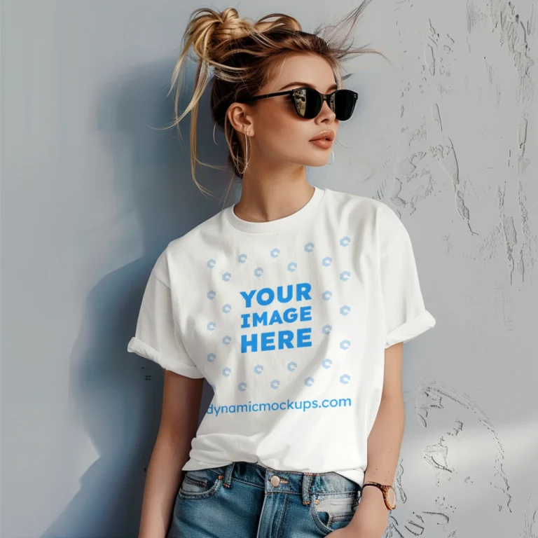 Woman Wearing White T-shirt Mockup Front View Template