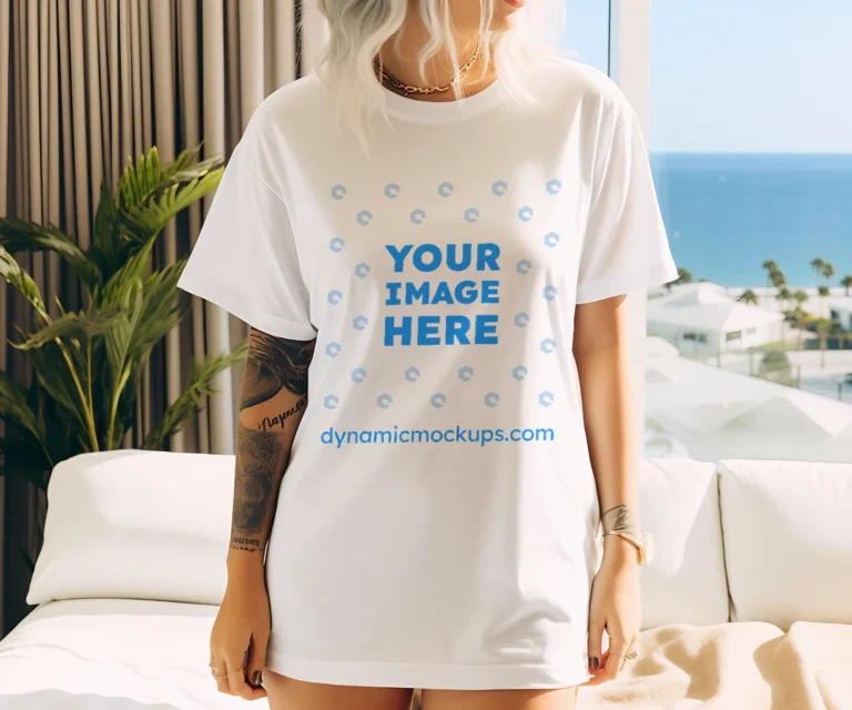 Woman Wearing White T-shirt Mockup Front View Template