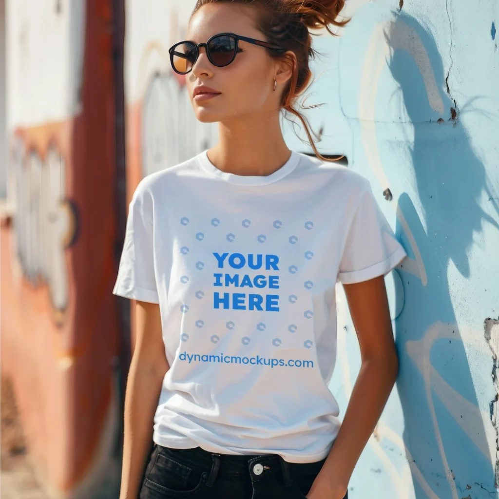 Woman Wearing White T-shirt Mockup Front View Template