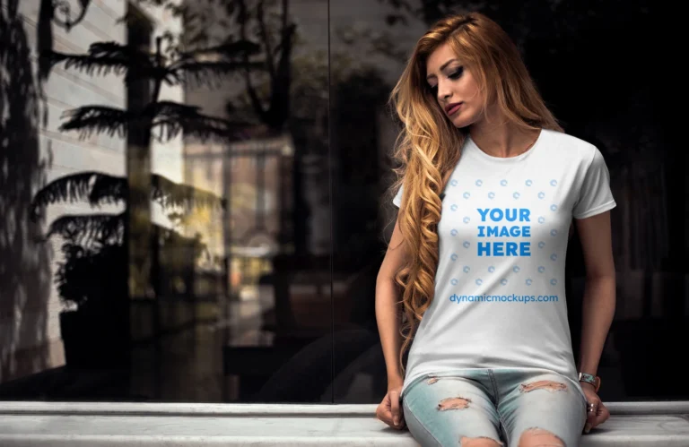 Woman Wearing White T-shirt Mockup Front View Template