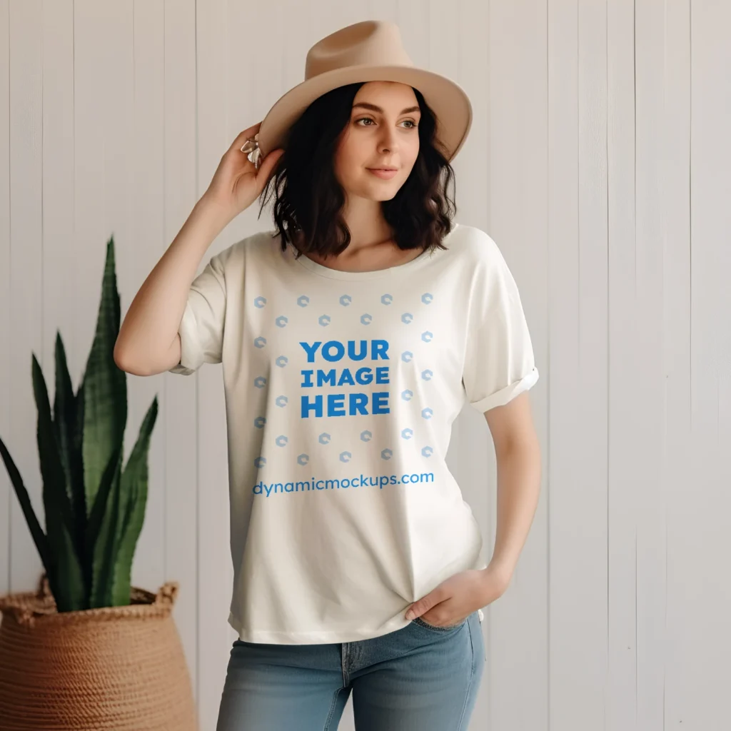 Woman Wearing White T-shirt Mockup Front View Template