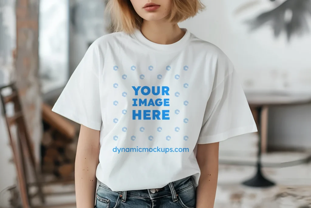 Woman Wearing White T-shirt Mockup Front View Template