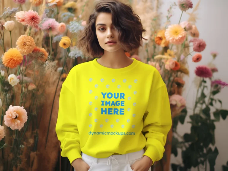 Woman Wearing Yellow Sweatshirt Mockup Front View Template