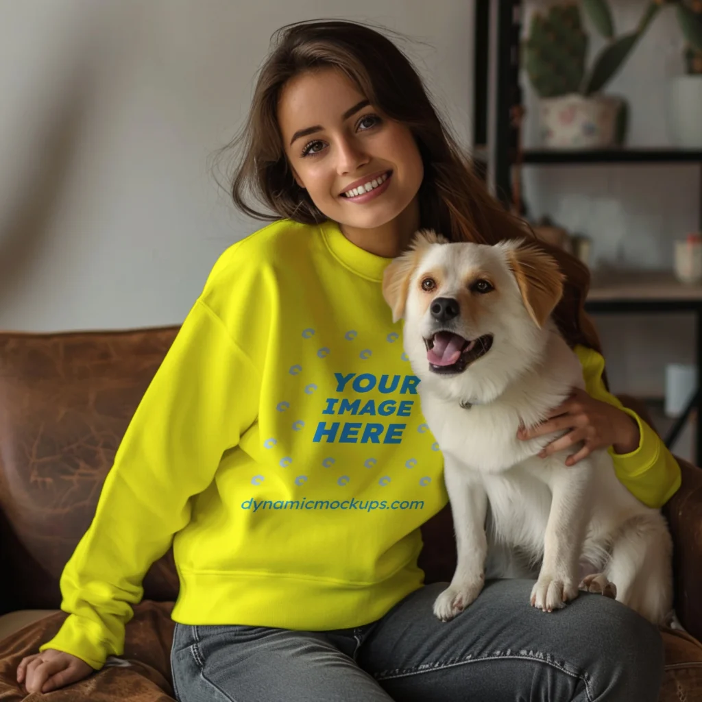 Woman Wearing Yellow Sweatshirt Mockup Front View Template