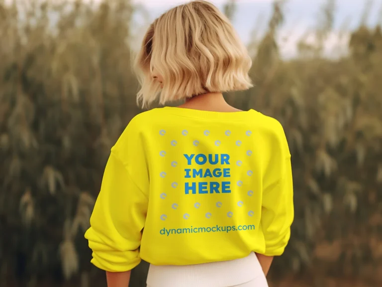 Woman Wearing Yellow Sweatshirt Mockup Back View Template