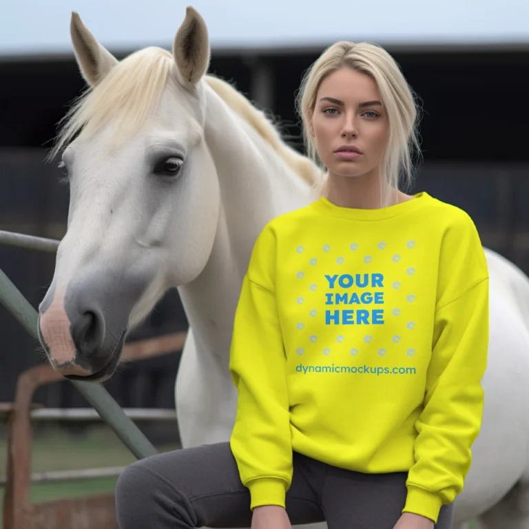 Woman Wearing Yellow Sweatshirt Mockup Front View Template