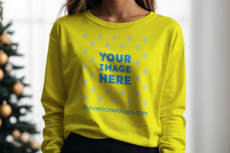 Woman Wearing Yellow Sweatshirt Mockup Front View Template