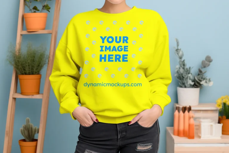 Woman Wearing Yellow Sweatshirt Mockup Front View Template