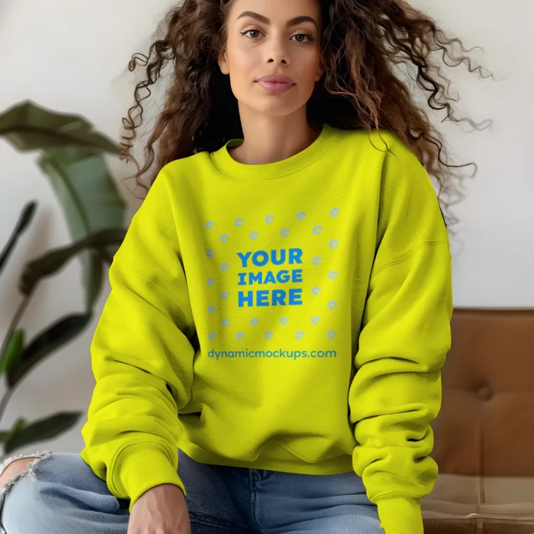 Woman Wearing Yellow Sweatshirt Mockup Front View Template