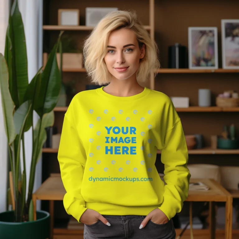 Woman Wearing Yellow Sweatshirt Mockup Front View Template