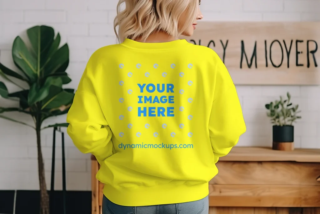 Woman Wearing Yellow Sweatshirt Mockup Back View Template