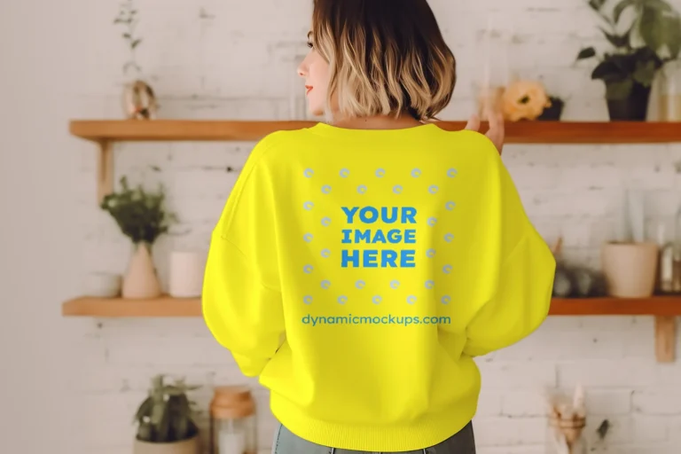 Woman Wearing Yellow Sweatshirt Mockup Back View Template