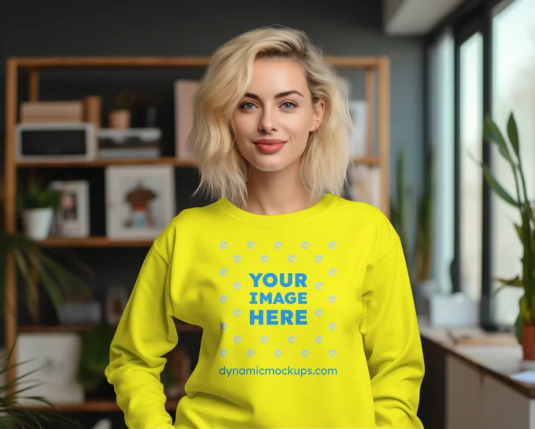 Woman Wearing Yellow Sweatshirt Mockup Front View Template