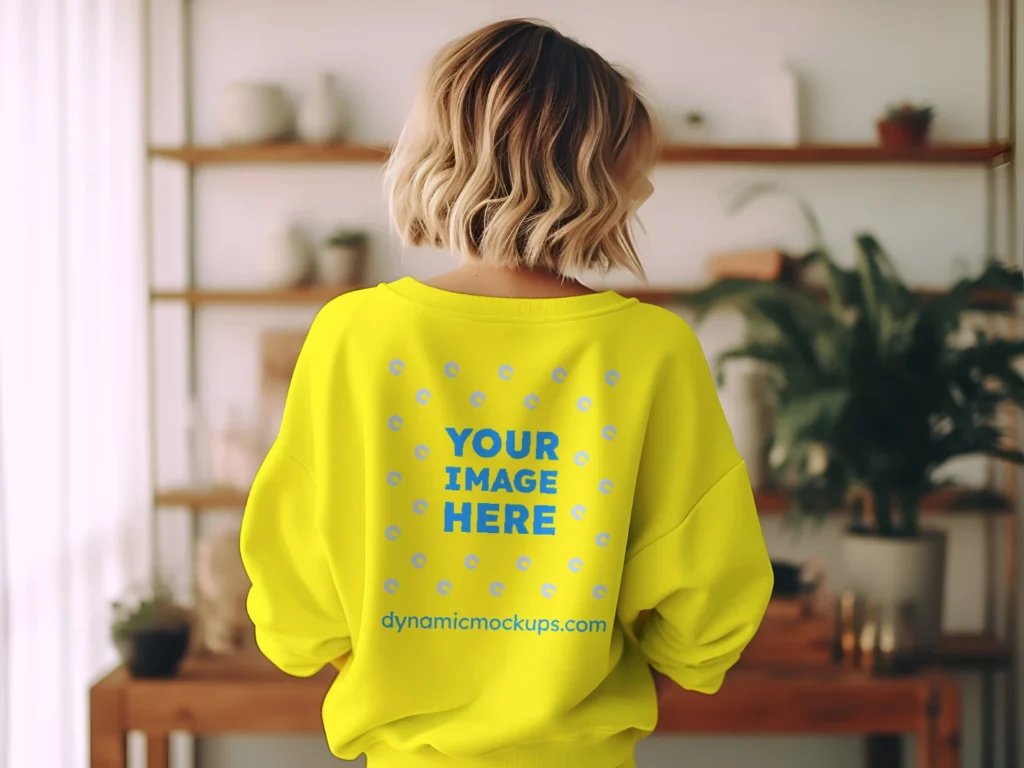 Woman Wearing Yellow Sweatshirt Mockup Back View Template