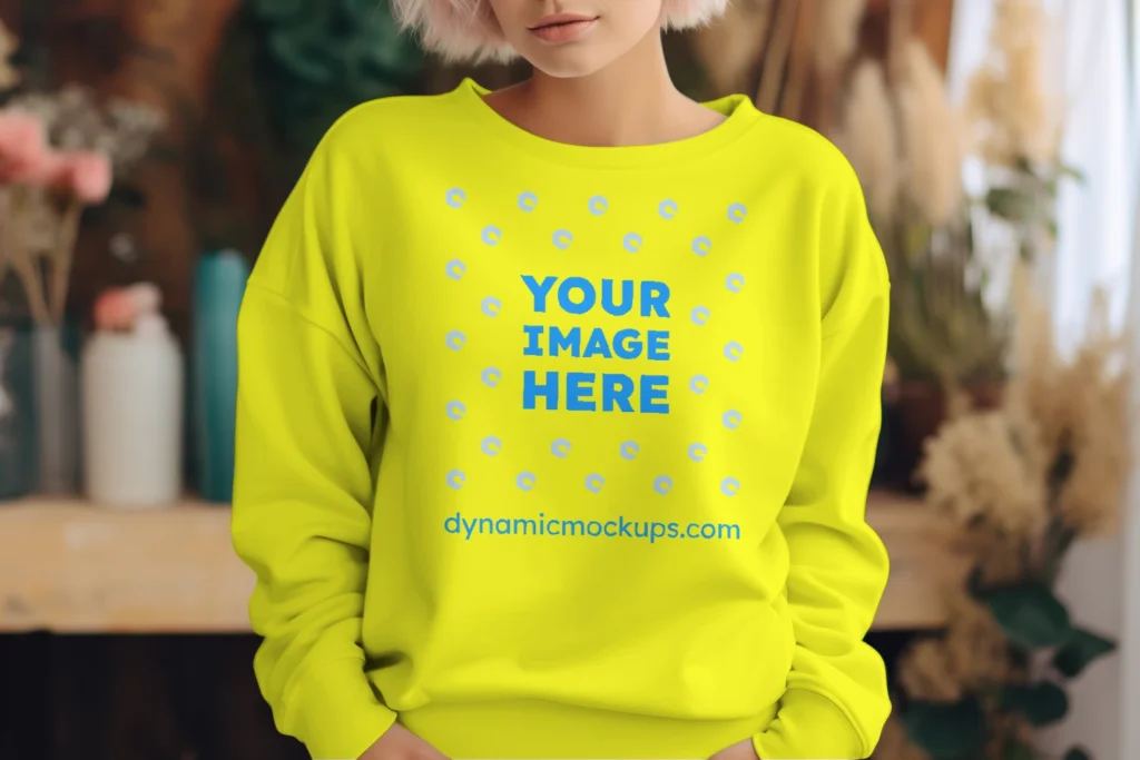 Woman Wearing Yellow Sweatshirt Mockup Front View Template