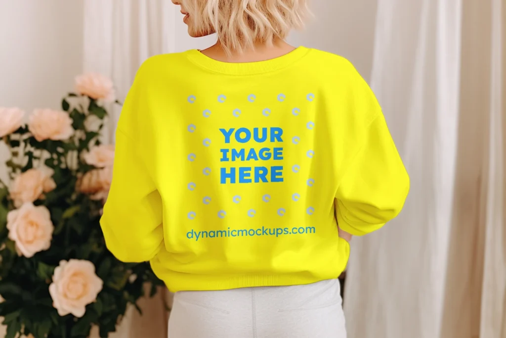 Woman Wearing Yellow Sweatshirt Mockup Back View Template