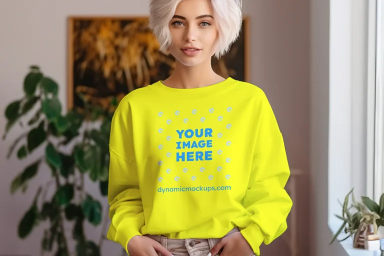 Woman Wearing Yellow Sweatshirt Mockup Front View Template