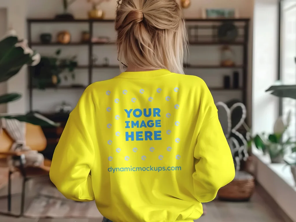 Woman Wearing Yellow Sweatshirt Mockup Back View Template