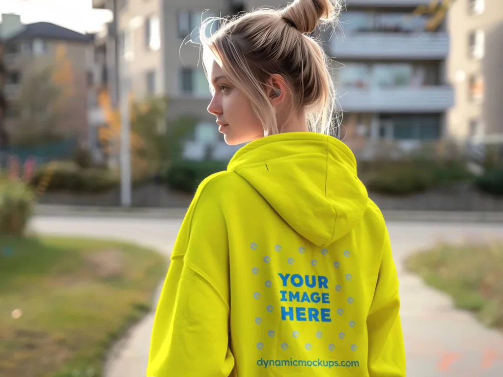 Woman Wearing Yellow Hoodie Mockup Back View Template