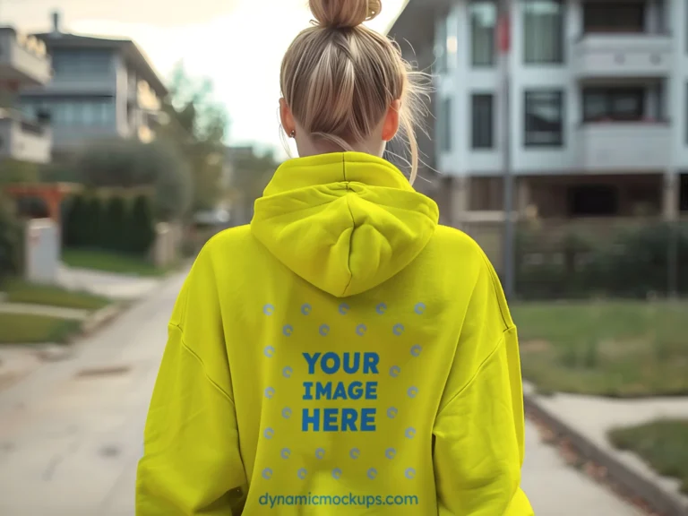 Woman Wearing Yellow Hoodie Mockup Back View Template