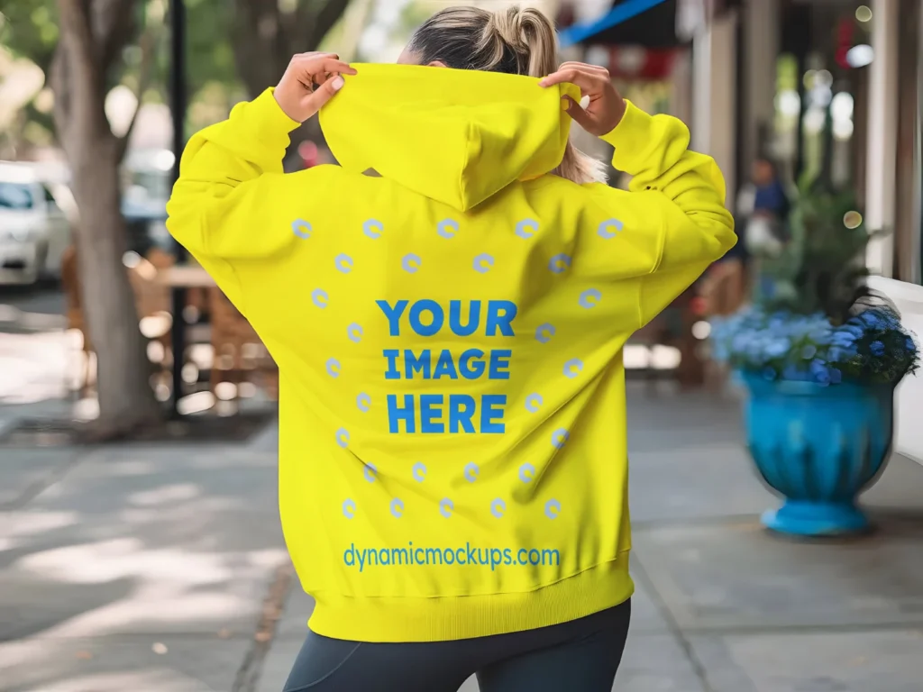 Woman Wearing Yellow Hoodie Mockup Back View Template