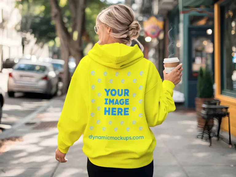 Woman Wearing Yellow Hoodie Mockup Back View Template