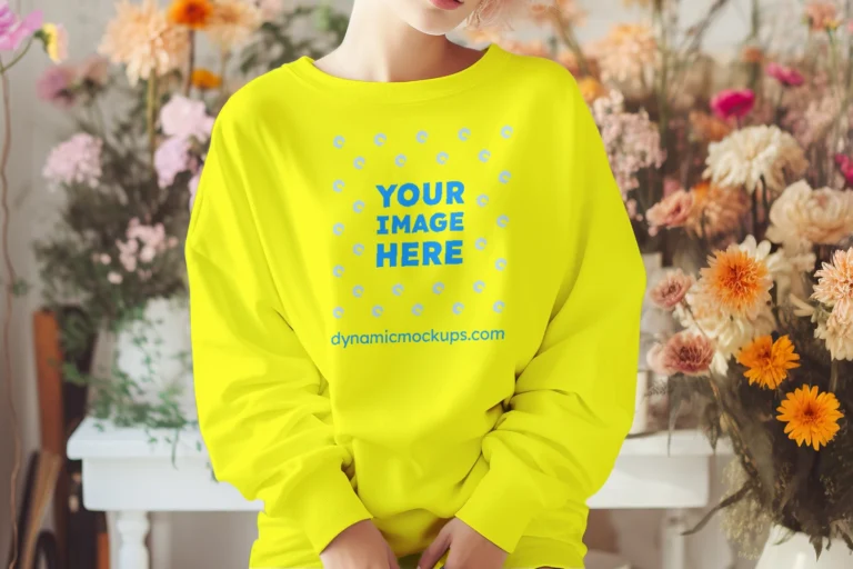 Woman Wearing Yellow Sweatshirt Mockup Front View Template