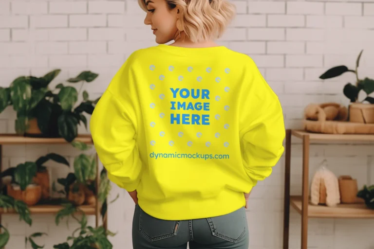 Woman Wearing Yellow Sweatshirt Mockup Back View Template