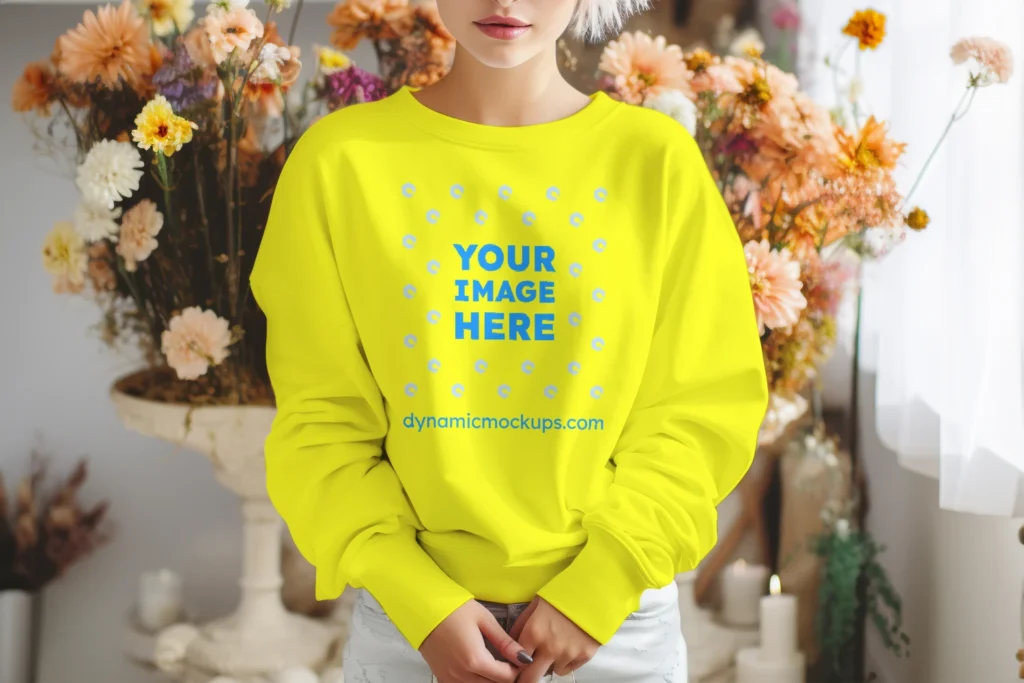 Woman Wearing Yellow Sweatshirt Mockup Front View Template